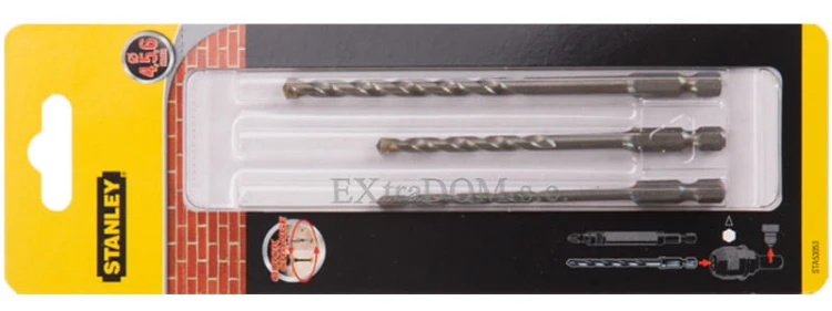 Wiertła do muru, cegły, pustaka kpl. 3 szt. 4 -5 -6mm Stanley z uchwytem sześciokątnym 1/4 STA53053