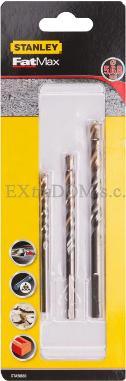 Wiertła do betonu, muru, cegły, pustaka Stanley kpl. 3 szt. z uchwytem walcowym STA58680