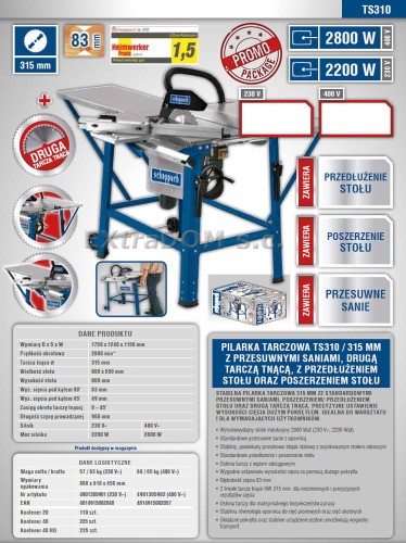Pilarka tarczowa stołowa Scheppach 315mm 2800W 400V TS310 + druga tarcza GRATIS