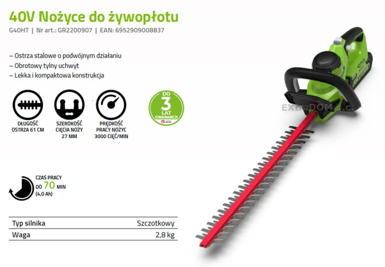 Nożyce GREENWORKS 40V do żywopłotu urządzenie bez akumulatora i ładowarki G40HT61
