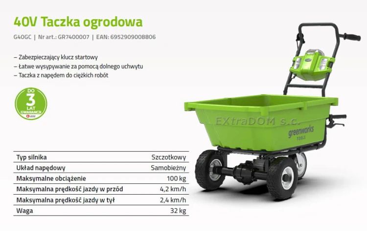 Taczka ogrodowa GREENWORKS 40V urządzenie bez akumulatora i ładowarki G40GC