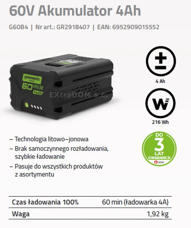 Akumulator 60V GREENWORKS 4 Ah Li-on