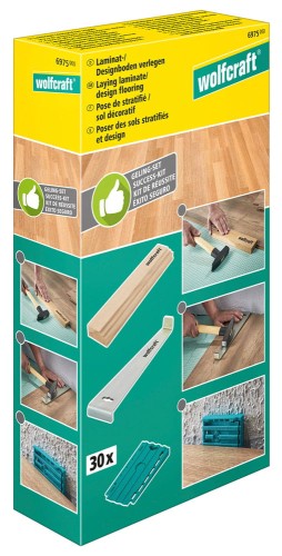 Zestaw 3 narzędzi do układania paneli laminowanych firmy Wolfcraft 6975000: łyżka dociągajaca, dobijak oraz 30 sztuk klinów dylatacyjnych 6975000