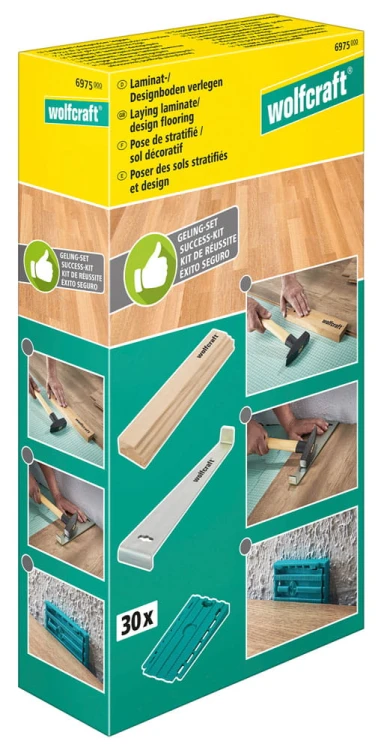 Zestaw 3 narzędzi do układania paneli laminowanych firmy Wolfcraft 6975000: łyżka dociągajaca, dobijak oraz 30 sztuk klinów dylatacyjnych 6975000