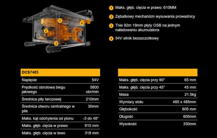 DEWALT pilarka stołowa akumulatorowa 210mm XR FlexVolt 54V DCS576N-XJ wersja zerowa bez akumulatora i ładowarki
