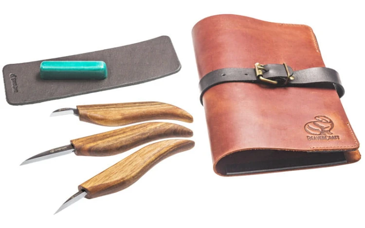 3-częściowy zestaw narzędzi do rzeźbienia z akcesoriami, w etui ze skóry Beaver Craft S15X