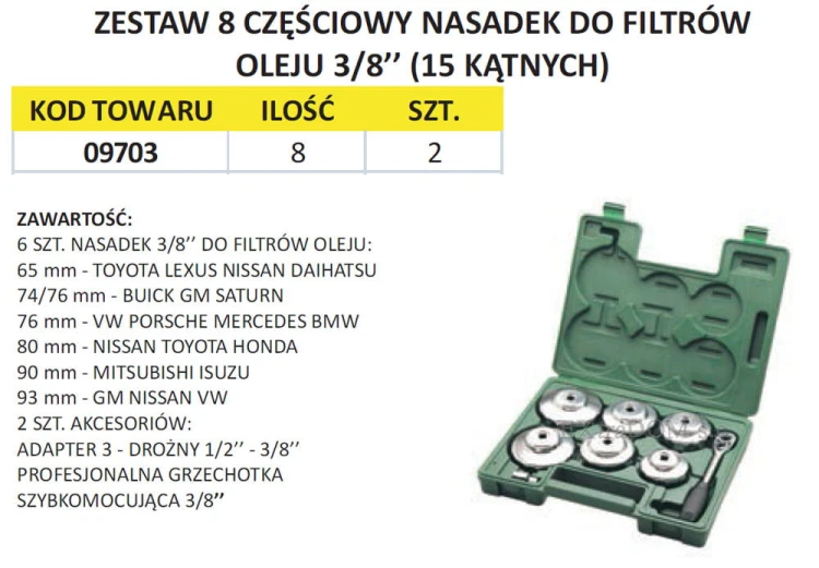 Klucze nasadowe do filtrów oleju 3/8 Sata kpl. 8 cz. 09703