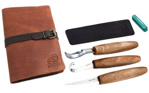 estaw 3 narzędzi do rzeźbienia łyżek BeaverCraft z akcesoriami w etui ze skóry S14X