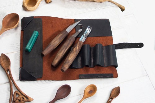 estaw 3 narzędzi do rzeźbienia łyżek BeaverCraft z akcesoriami w etui ze skóry S14X