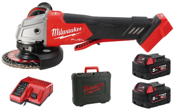 Szlifierka kątowa z regulacją obrotów Milwaukee 125mm 18V 2x akumulator 5,0Ah, ładowarka w walizce M18FSAGV125XPDB-502X