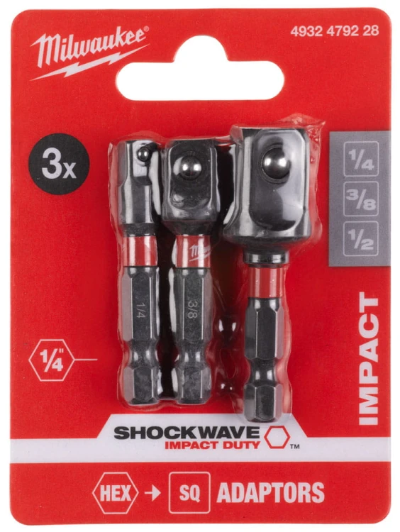 Adaptery kpl. 3 sztuki 1/4" HEX na kwadrat 1/4" 3/8" 1/2" Milwaukee Shockwave przejściówka 4932479228