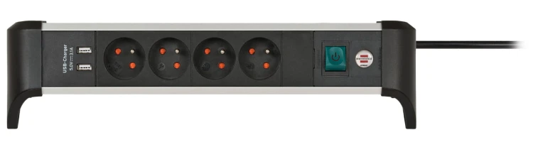 Przedłużacz biurowy Alu-Office-Line z 4 gniazdami z wyłącznikiem, 2 gniazda USB 1,8m Brennenstuhl 1391044410