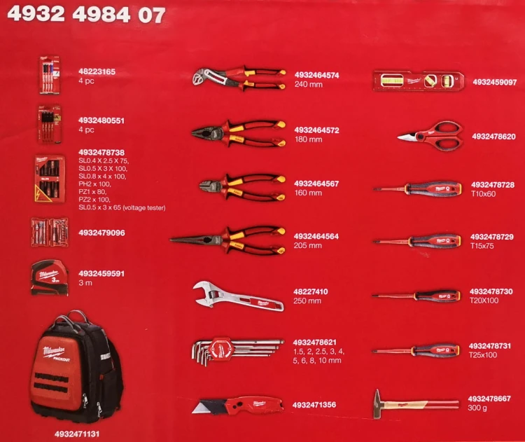 Zestaw narzędzi dla elektryka 76 części Milwaukee + plecak narzędziowy PACKOUT monterski