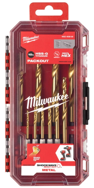 Wiertła do metalu Milwaukee Shockwave HSS-G TiN RED z uchwytem HEX zestaw 10szt. 4932493865