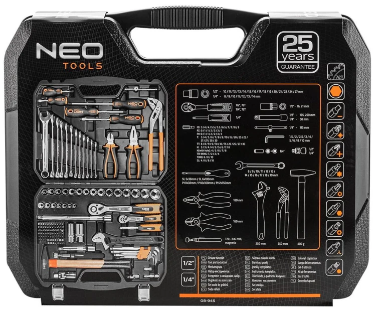 Klucze nasadowe, zestaw narzędziowy 1/2" 1/4" Neo Tools 143 cz 08-945