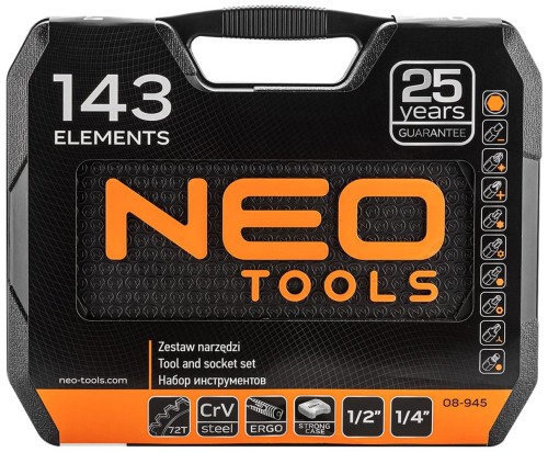 Klucze nasadowe, zestaw narzędziowy 1/2" 1/4" Neo Tools 143 cz 08-945