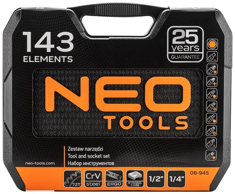 Klucze nasadowe, zestaw narzędziowy 1/2" 1/4" Neo Tools 143 cz 08-945