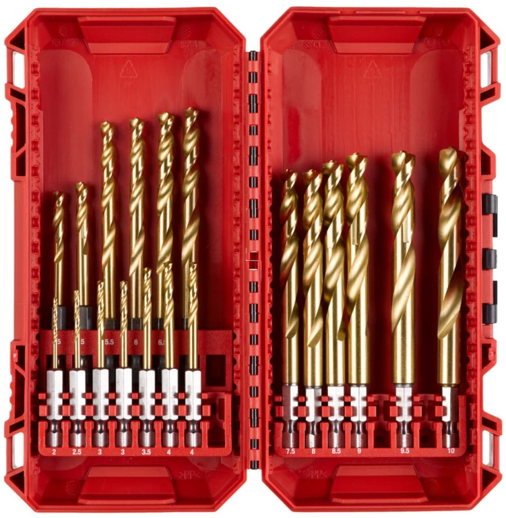Wiertła do metalu Milwaukee Shockwave HSS-G TITANIUM RED HEX z uchwytem HEX 1/4" zestaw 19szt. 4932499763