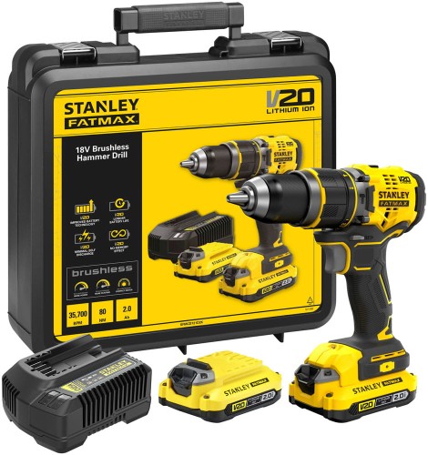 Bezszczotkowa wiertarko - wkrętarka udarowa 18V Stanley Fatmax V20; 2 akumulatory 2,0Ah Li-Ion, walizka SFMCD721D2K-QW