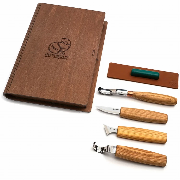 Zestaw do rzeźbienia BeaverCraft w drewnianym etui, 4 narzędzia + akcesoria do polerowania S19 Book