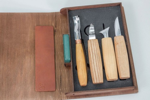 Zestaw do rzeźbienia BeaverCraft w drewnianym etui, 4 narzędzia + akcesoria do polerowania S19 Book