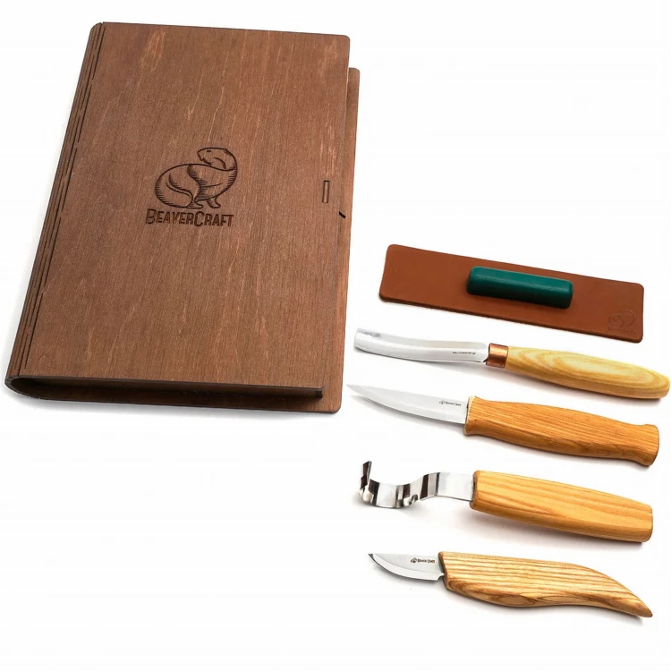Zestaw do rzeźbienia BeaverCraft w drewnianym etui, 4 narzędzia + akcesoria do polerowania S43 Book