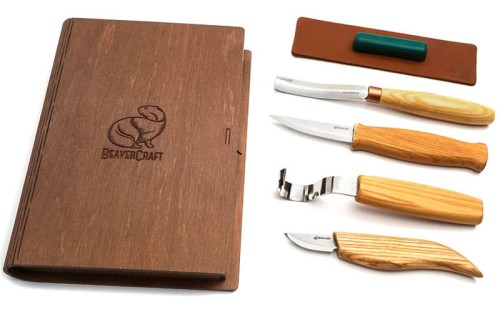 Zestaw do rzeźbienia BeaverCraft w drewnianym etui, 4 narzędzia + akcesoria do polerowania S43 Book