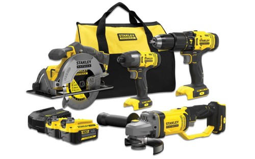 Zestaw Stanley V20: wkrętarka SFMCD711, zakrętarka SFMCF800, pilarka SFMCS500, szlifierka SFMCG400, 2x aku. 4Ah, torba SFMCK469M2-QW