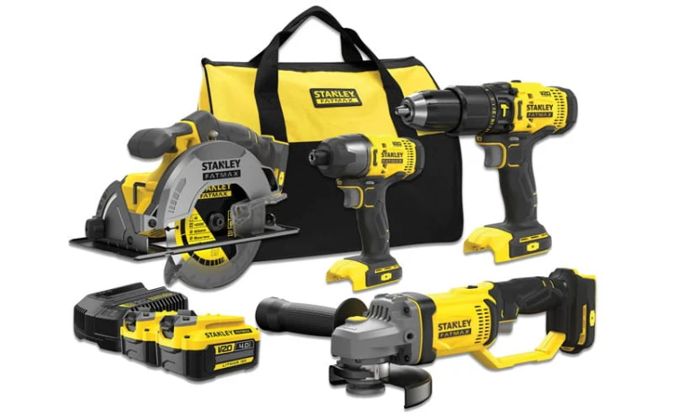 Zestaw Stanley V20: wkrętarka SFMCD711, zakrętarka SFMCF800, pilarka SFMCS500, szlifierka SFMCG400, 2x aku. 4Ah, torba SFMCK469M2-QW