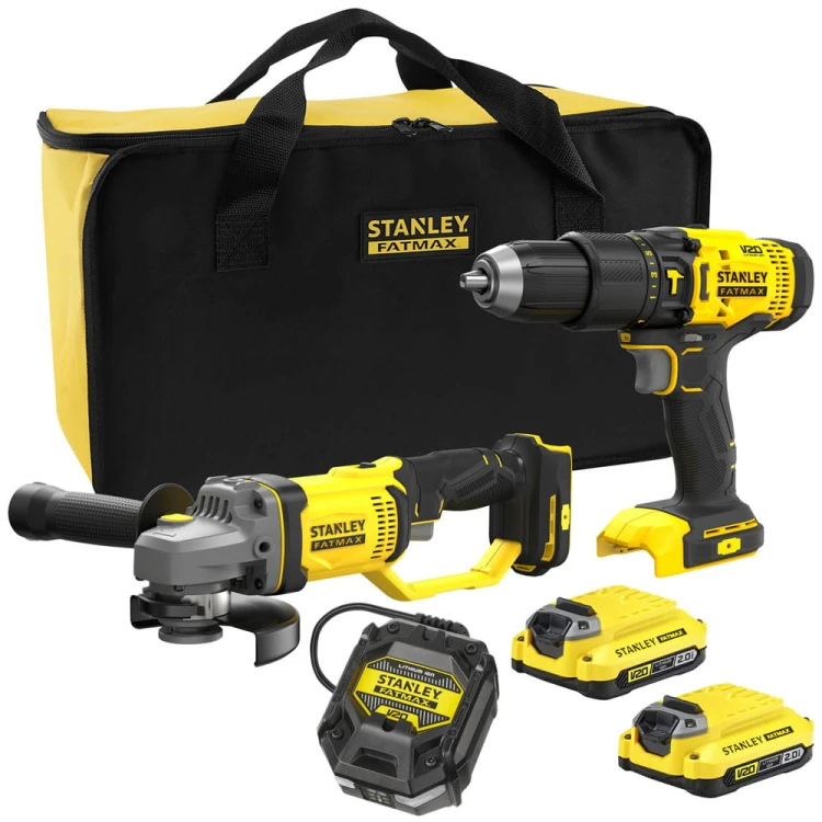 Zestaw Stanley V20: wiertarko-wkrętarka SFMCD711, szlifierka SFMCG400, 2x aku. 2Ah, torba SFMCK471D2S-QW