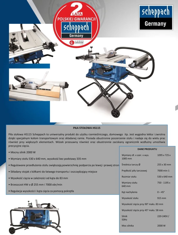 Pilarka tarczowa stołowa Scheppach 255mm 2000W HS115 piła ze składanym stołem 59013209942
