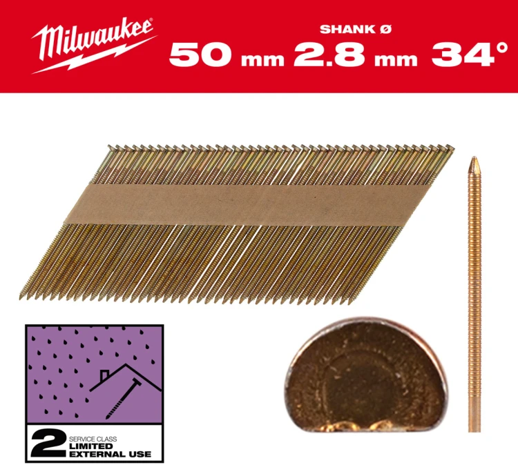 Gwoździe pierścieniowe Milwaukee długość 50mm, kąt 34°, głowa typu D 2200 szt. do gwoździarki M18 FFN 4932492606