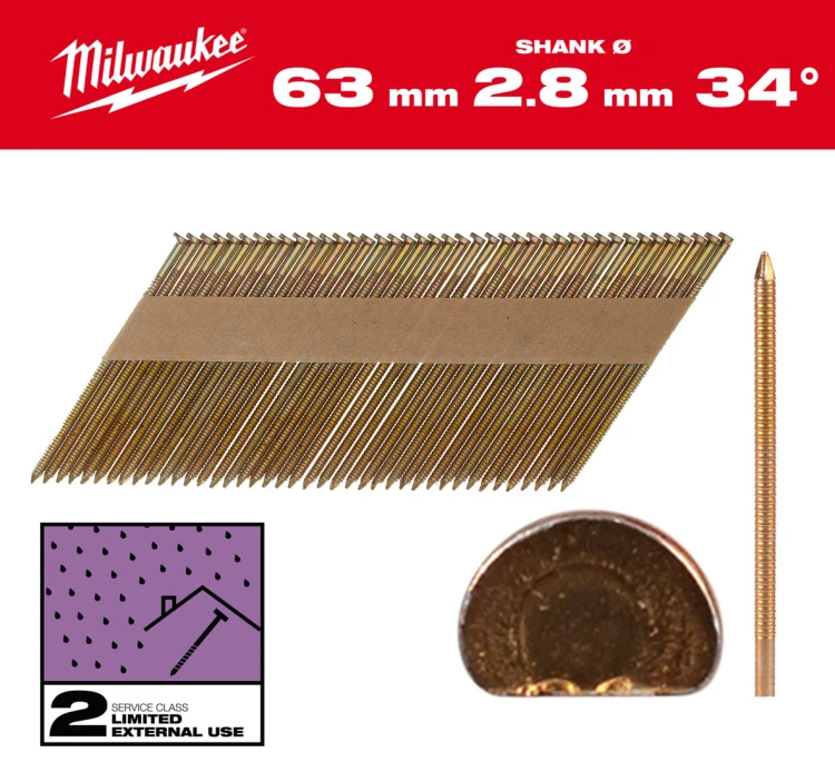 Gwoździe pierścieniowe Milwaukee długość 63mm, kąt 34°, głowa typu D 2200 szt. do gwoździarki M18 FFN 4932492607