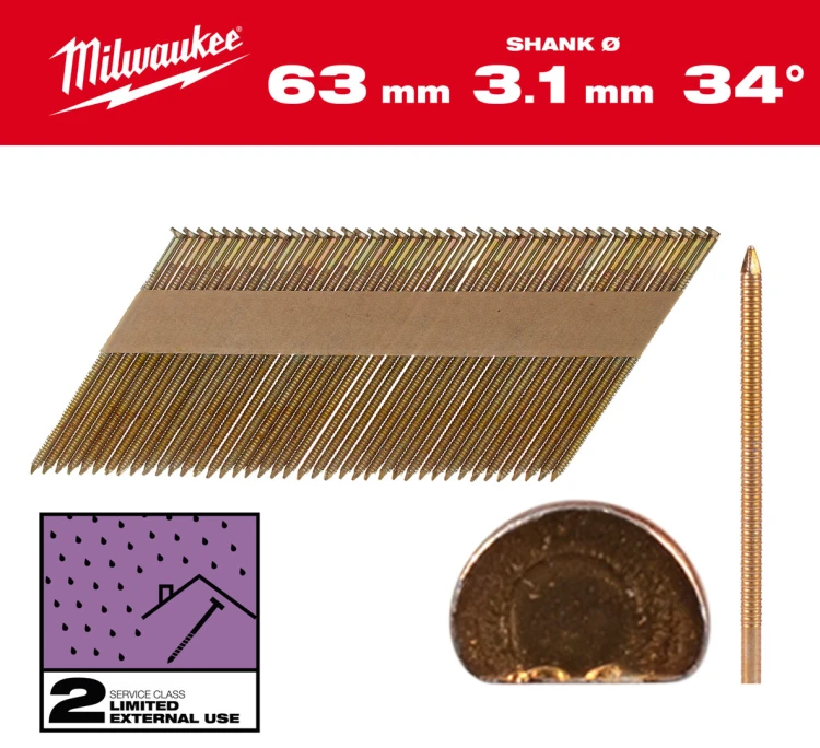 Gwoździe pierścieniowe Milwaukee długość 63mm, kąt 34°, głowa typu D 2200 szt. do gwoździarki M18 FFN 4932492609