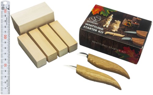 Podstawowy zestaw 2 noży do rzeźbienia + 5 klocków z lipowego drewna Beaver Craft S16