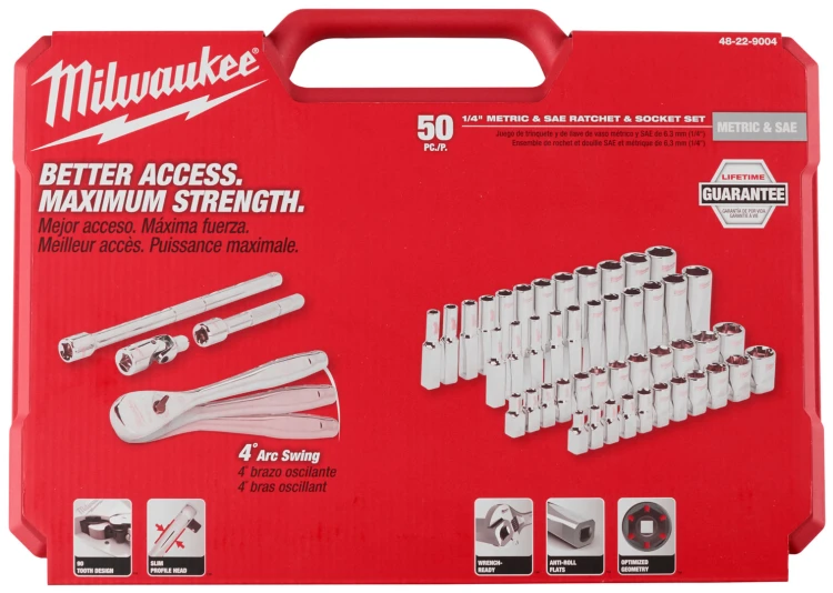 Klucze nasadowe Milwaukee 1/4˝ z grzechotką, metryczne, kpl. 50 szt. w skrzynce 4932464944