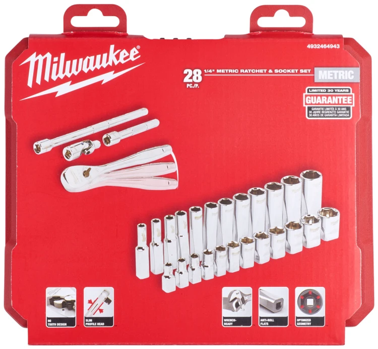 Klucze nasadowe Milwaukee 1/4˝ z grzechotką, metryczne, kpl. 28 szt. w skrzynce 4932464943