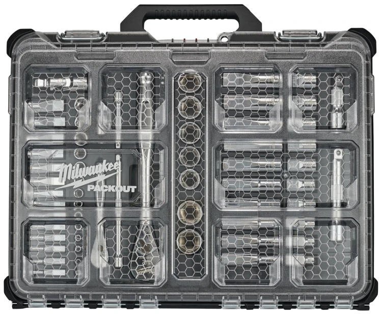Klucze nasadowe Milwaukee 1/4˝ 1/2˝ z grzechotkami, metryczne, kpl. 63 szt. w organizerze PACKOUT™ 4932493661