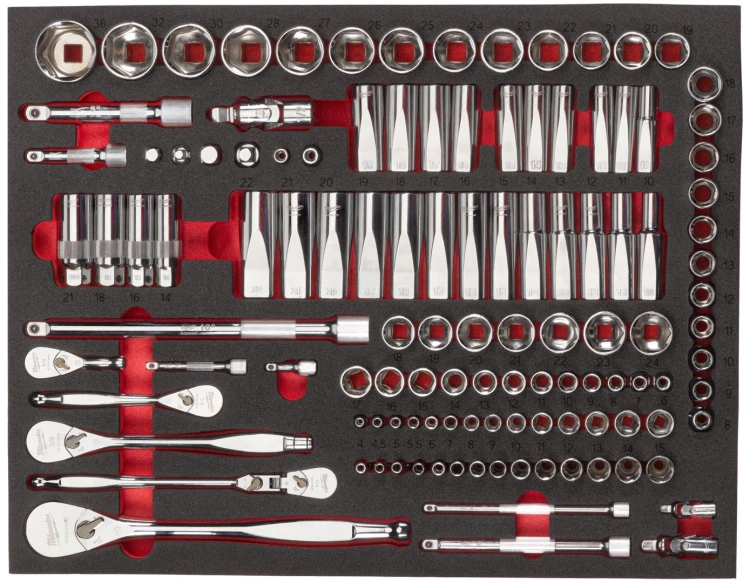 Wkładka piankowa Milwaukee z nasadkami i grzechotkami 1/4", 3/8", 1/2" do wózków narzędziowych kpl. 120 szt. 4932498518