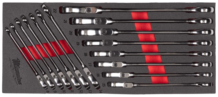 Wkładka piankowa Milwaukee klucze płasko-oczkowe MAXBITE™ z ruchomą główką grzechotki kpl. 15 szt. do wózków narzędziowych 4932479829