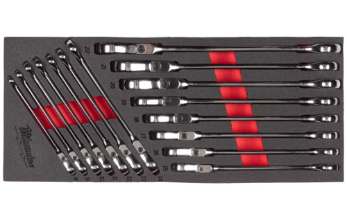 Wkładka piankowa Milwaukee klucze płasko-oczkowe MAXBITE™ z ruchomą główką grzechotki kpl. 15 szt. do wózków narzędziowych 4932479829