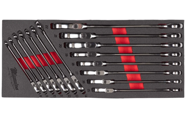Wkładka piankowa Milwaukee klucze płasko-oczkowe MAXBITE™ z ruchomą główką grzechotki kpl. 15 szt. do wózków narzędziowych 4932479829