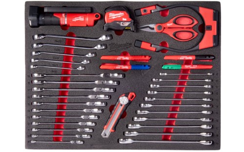 Wkładka piankowa Milwaukee z zestawem kluczy, oświetlenia, narzędzi do cięcia i pomiaru 36 cz. 4932500759