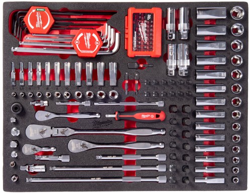 Wkładka piankowa z narzędziami Milwaukee zestaw kluczy, nasadek i bitów 1/4" i 3/8” 153 cz. 4932500756