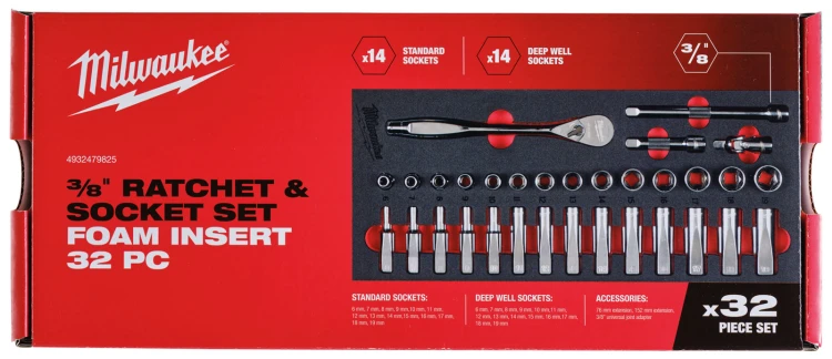 Wkładka piankowa z narzędziami Milwaukee zestaw nasadek 3/8" z grzechotką 32 cz. 4932479825