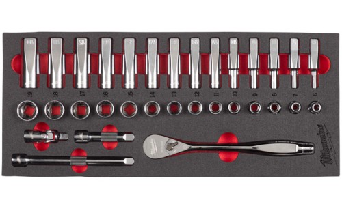 Wkładka piankowa z narzędziami Milwaukee zestaw nasadek 3/8" z grzechotką 32 cz. 4932479825