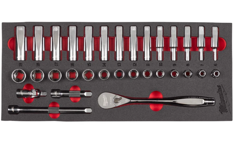 Wkładka piankowa z narzędziami Milwaukee zestaw nasadek 3/8" z grzechotką 32 cz. 4932479825