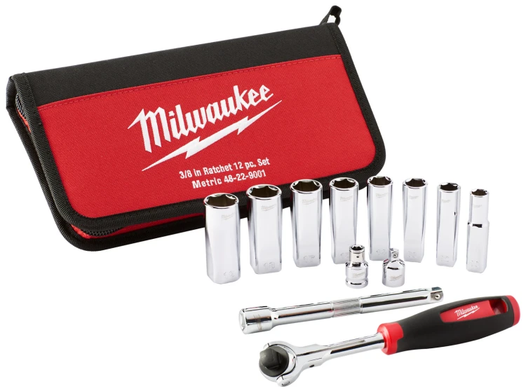 Klucze nasadowe Milwaukee 3/8˝ z grzechotką, metryczne, kpl. 12 szt. w etui 48229001