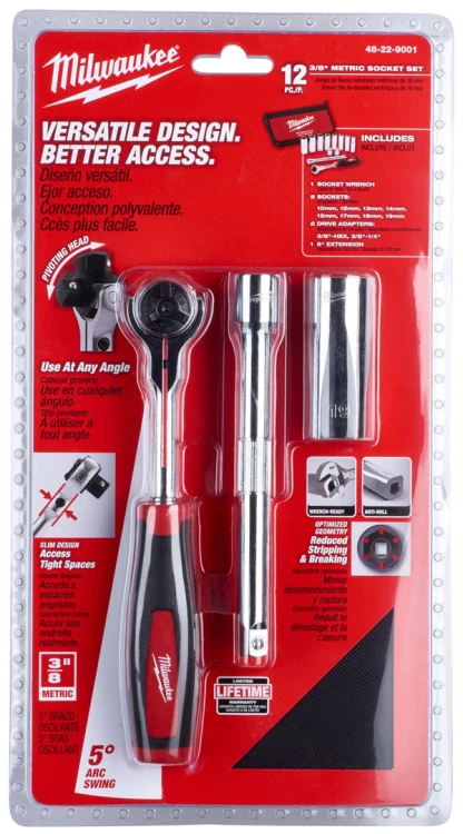 Klucze nasadowe Milwaukee 3/8˝ z grzechotką, metryczne, kpl. 12 szt. w etui 48229001