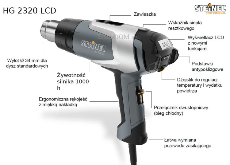 Opalarka Steinel HG2320 LCD profesjonalna, 2300W płynna regulacja temperatury i wydatku powietrza, wyświetlacz LCD +walizka z 3 dyszami
